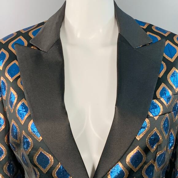 ETRO Size 8 Black Blue Metallic Geometric Peak Lapel Jacket Blazer - Picture 3 of 10